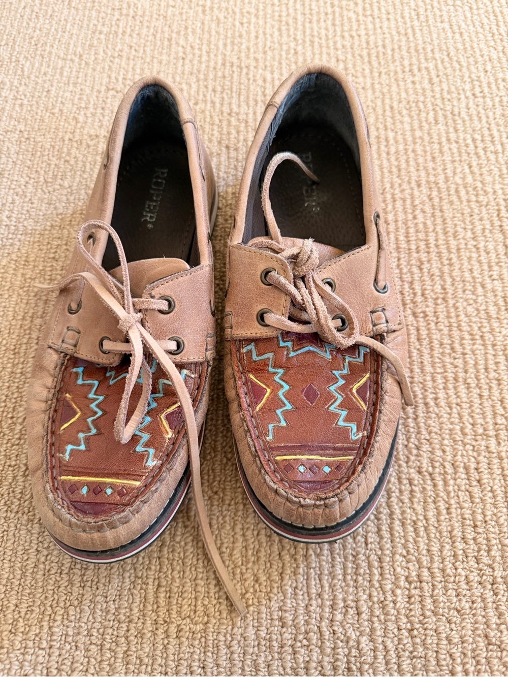 Women's Tan Leather Moccasin Boat Shoes with Aztec Embroidery